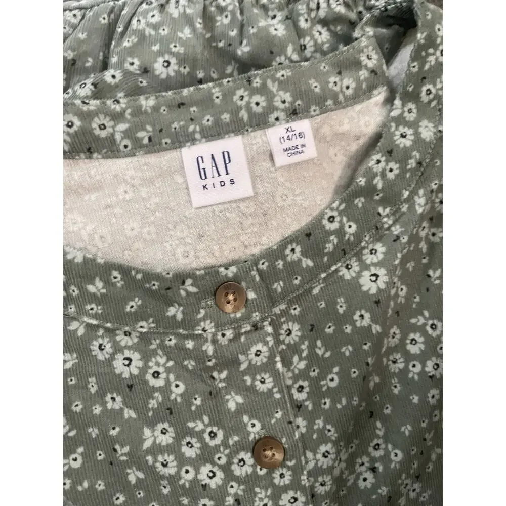 Gap Kids Green Corduroy Floral Casual Flower Dress Long‎ Sleeves Buttoned XL